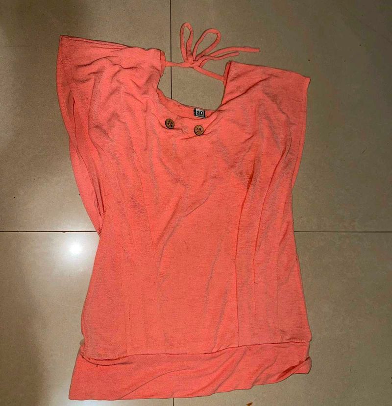 Coral Orange Top with Tie Neck
