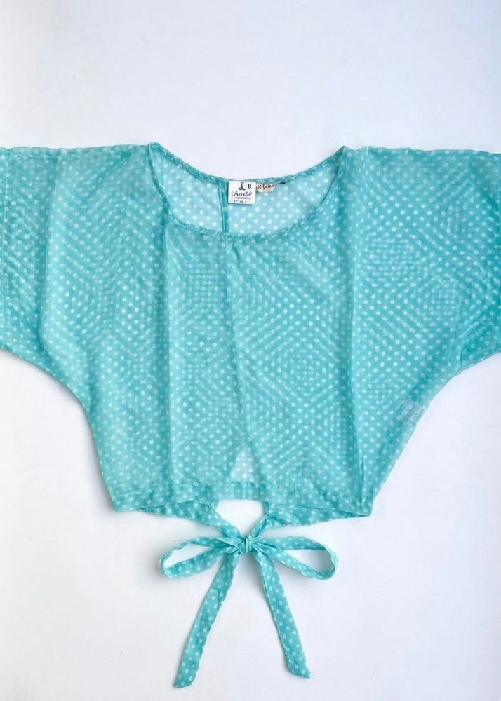 Flowy Aqua Polka Dot Tie-back Blouse