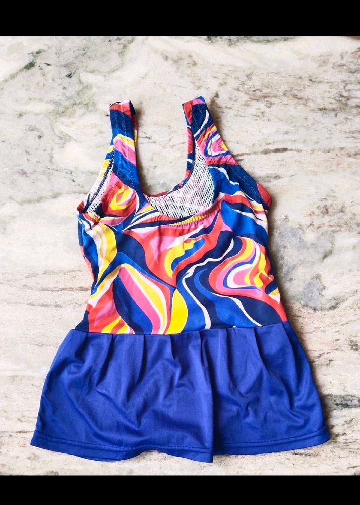 Vibrant Retro Swirl Swimdress with Skirt