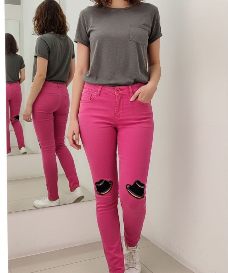 Pink Skinny Jeans with Unique Knee Patches