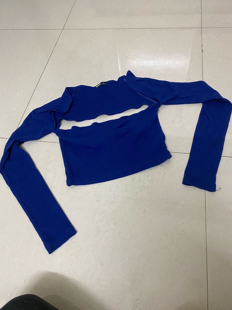 Blue Cut-Out Long Sleeve Top