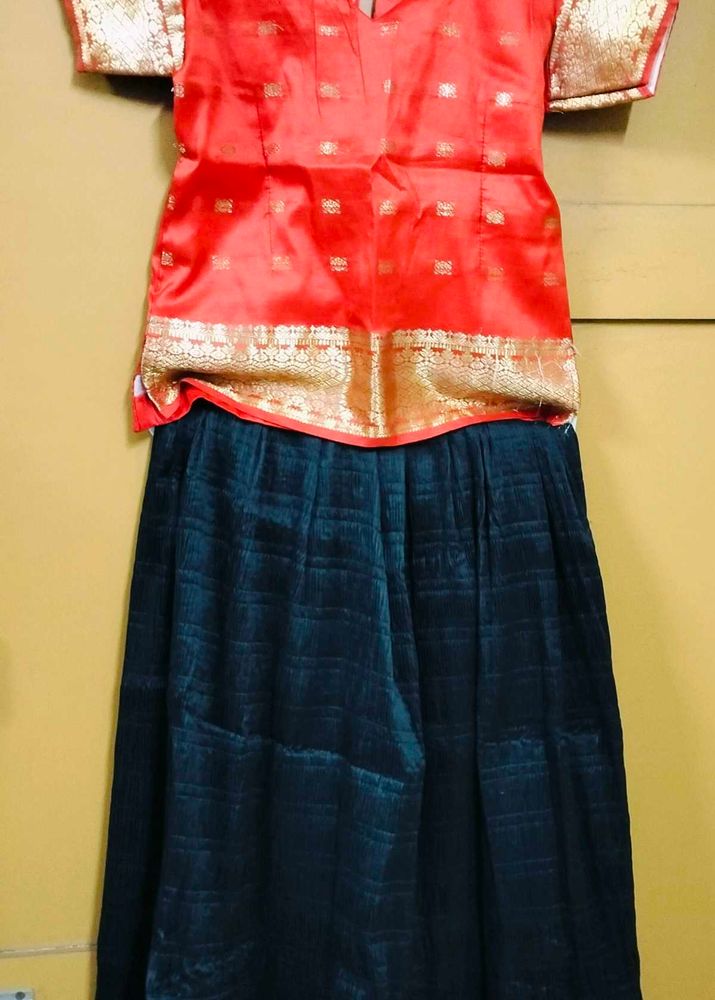 Bright Orange &amp; Navy Black Pattu Pavada