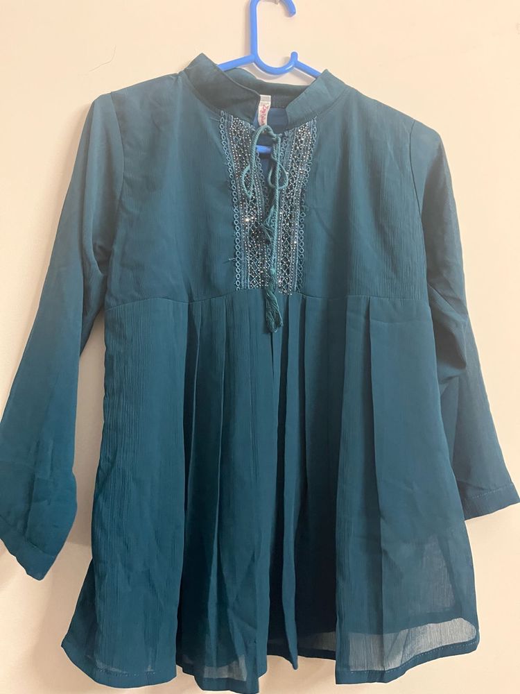 Beautiful Teal Kurta with Embellished Neckline