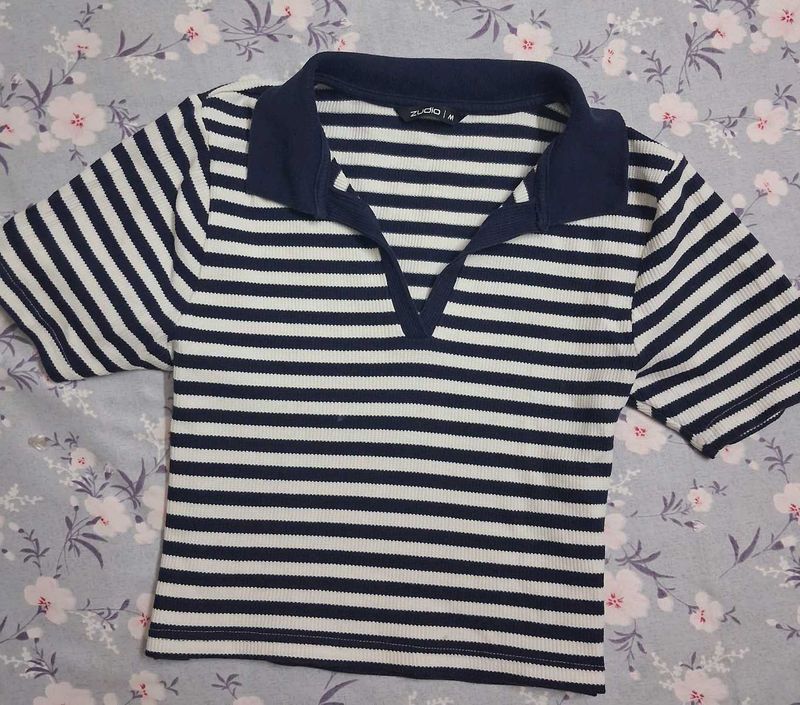 Striped Polo Neck Crop Top