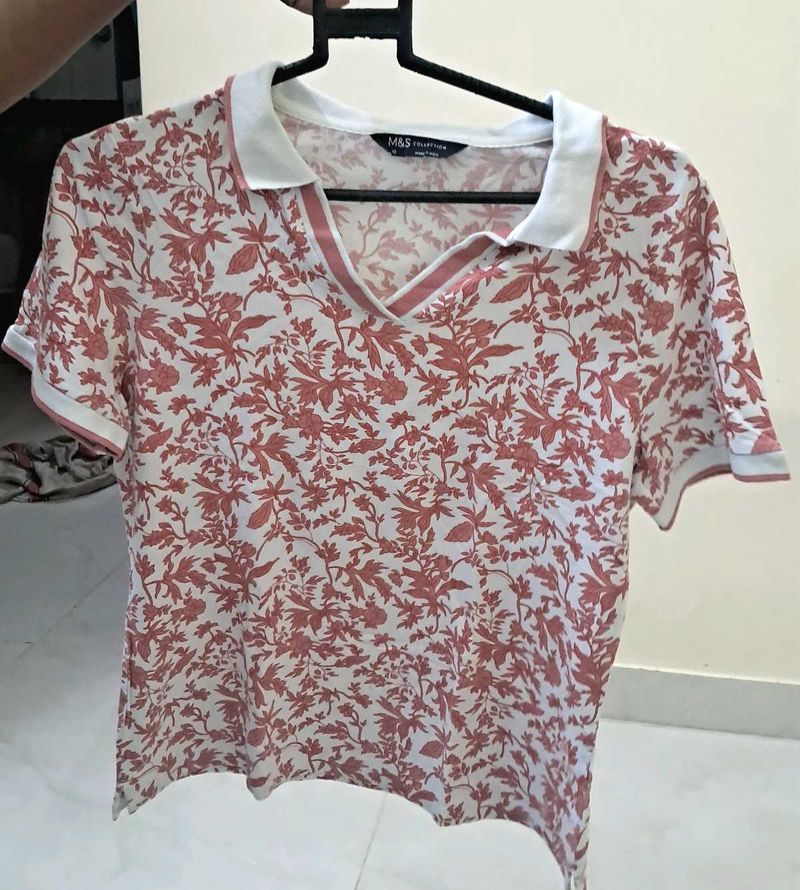 Floral Print Collared V-Neck Top