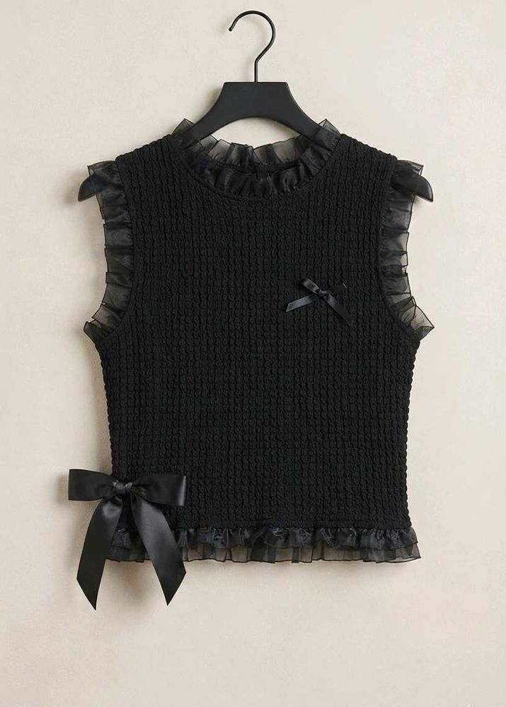 Chic Black Smocked Top with Bow Accent