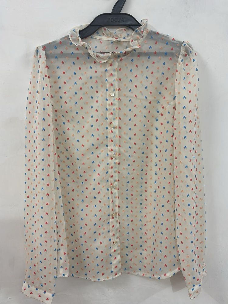 Sheer Heart Print Ruffle Neck Blouse