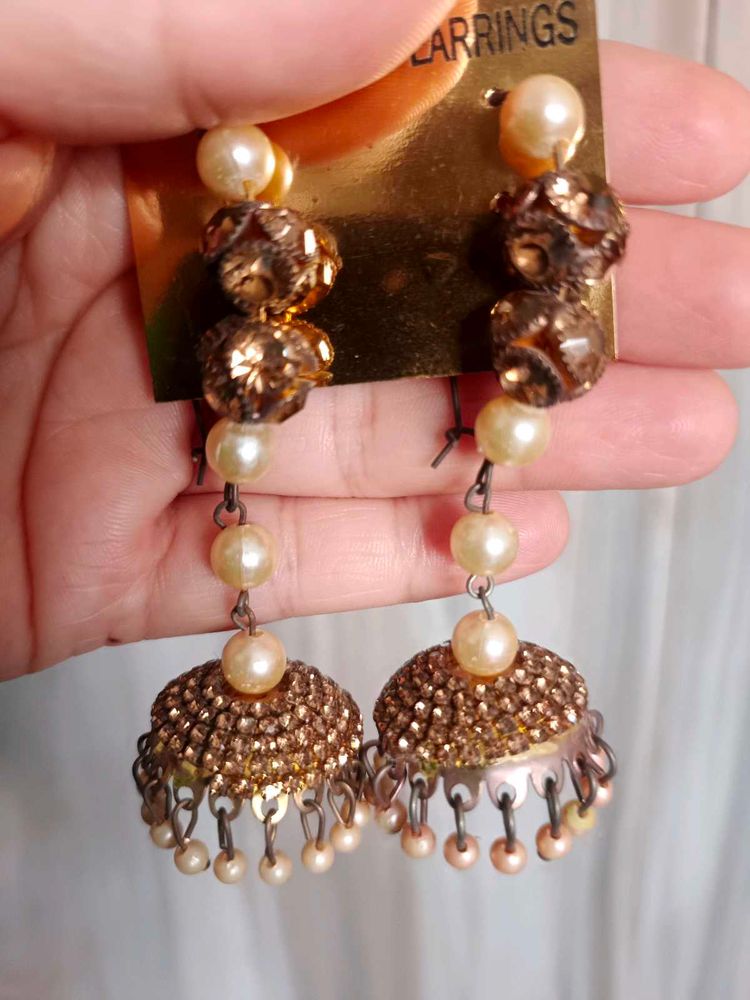 Golden Jhumka Earrings with Pearls