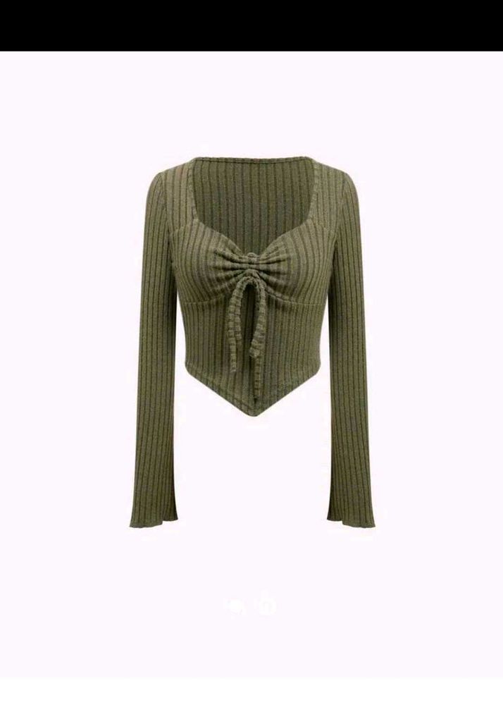 Ribbed Tie-Front Long Sleeve Top