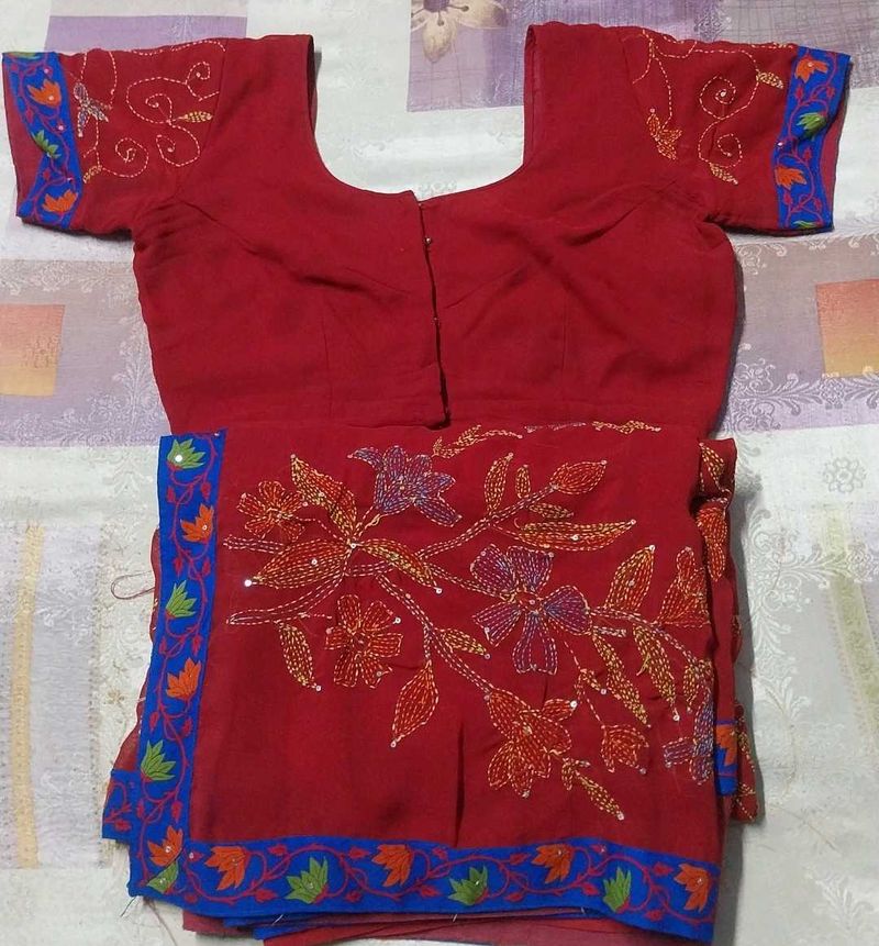 New RedKantha work  Embroidered Saree with Blouse