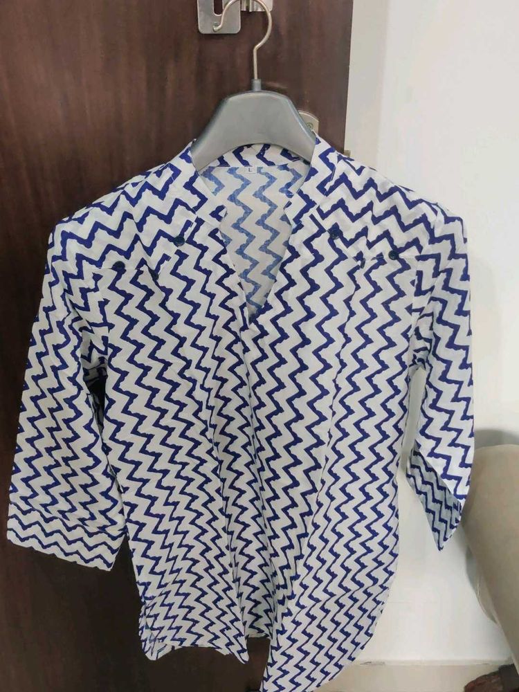 Short Kurti with White Base And Blue Stripe
