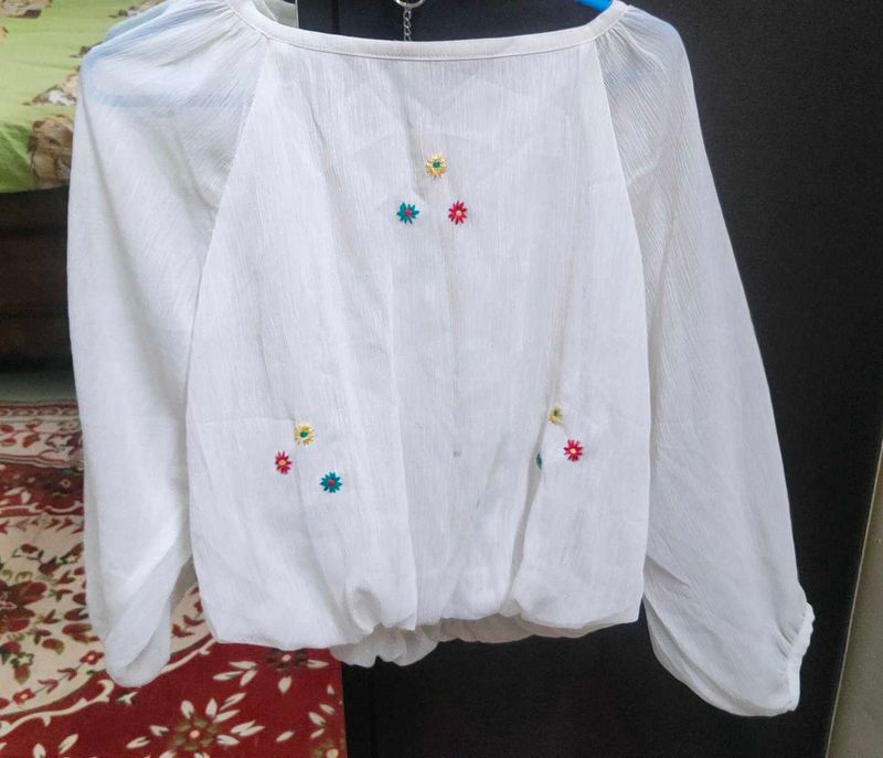 White Embroidered Sheer Top
