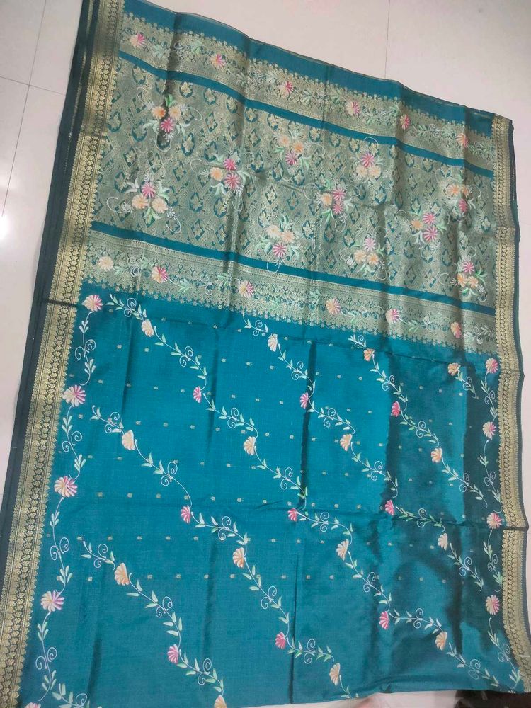 Teal Floral Silk Saree