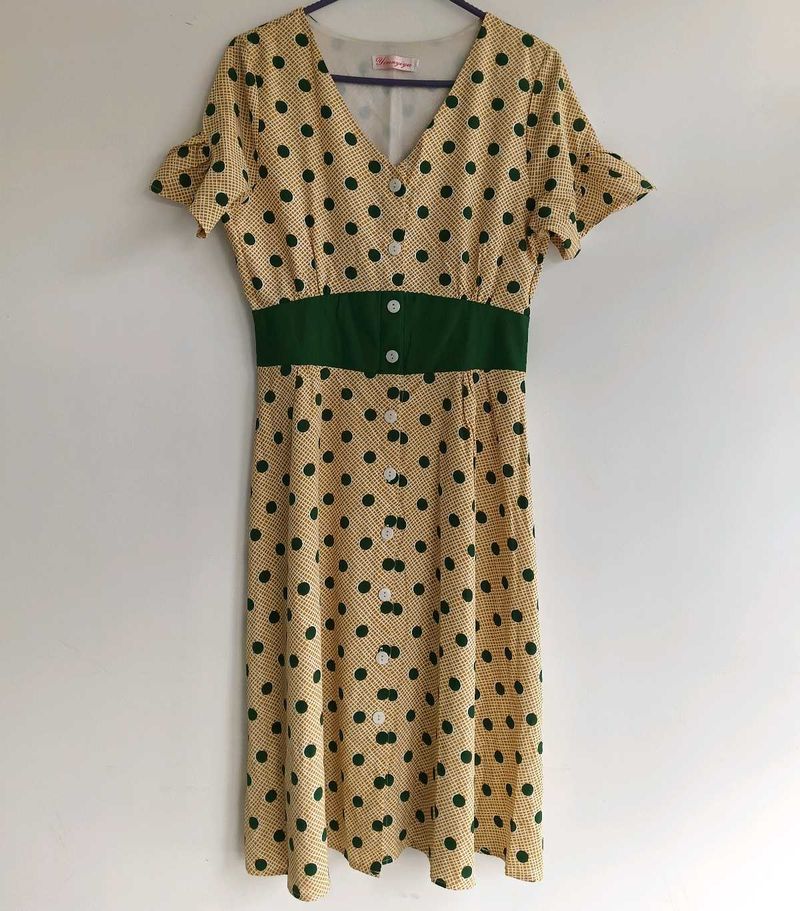 Green polka dot yellow dress