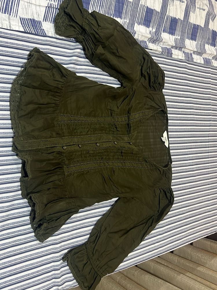 Olive Green Ruffle Blouse