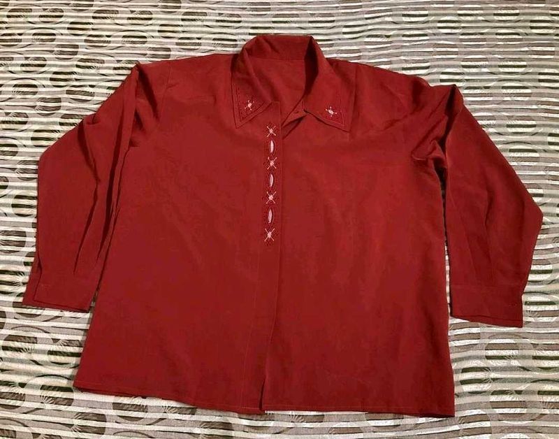 Vintage Red Embroidered Collared Shirt