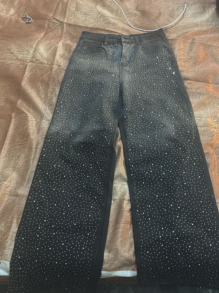 Sparkling Rhinestone Wide-Leg Jeans