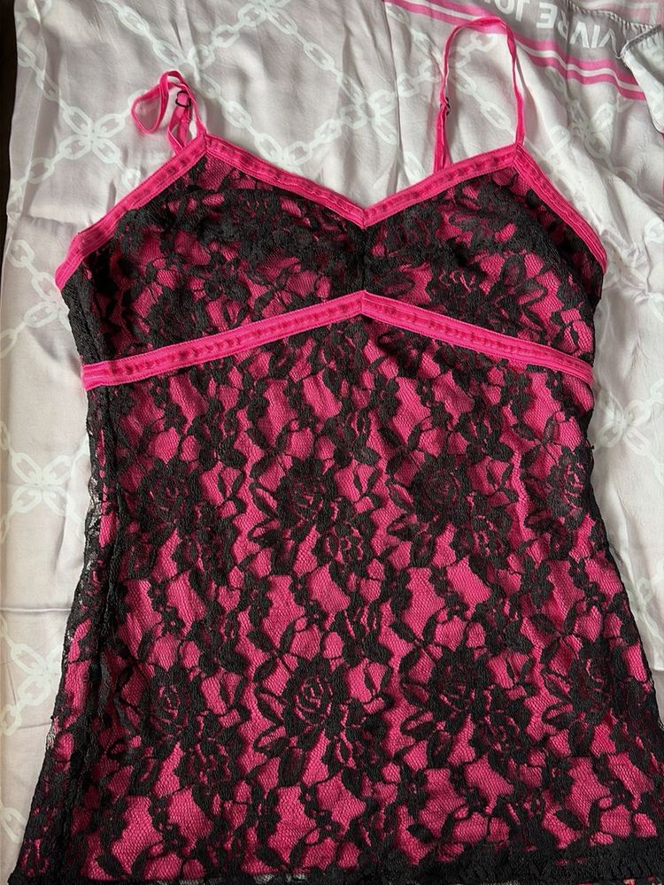 Hot Pink &amp; Black Lace Cami Top