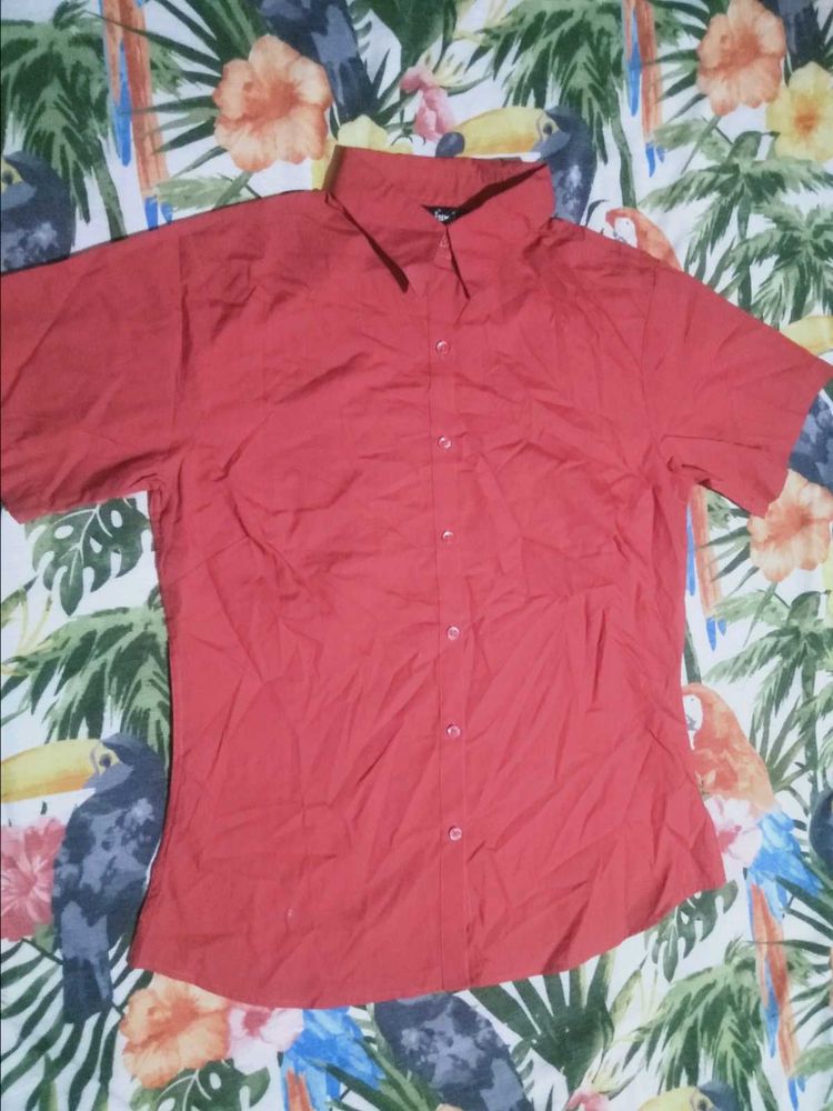 Red Short Sleeve Button-Up Shirt