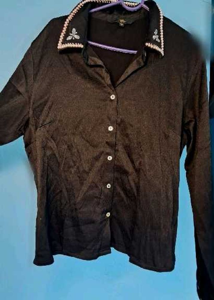 Elegant Black Embellished Collar Shirt