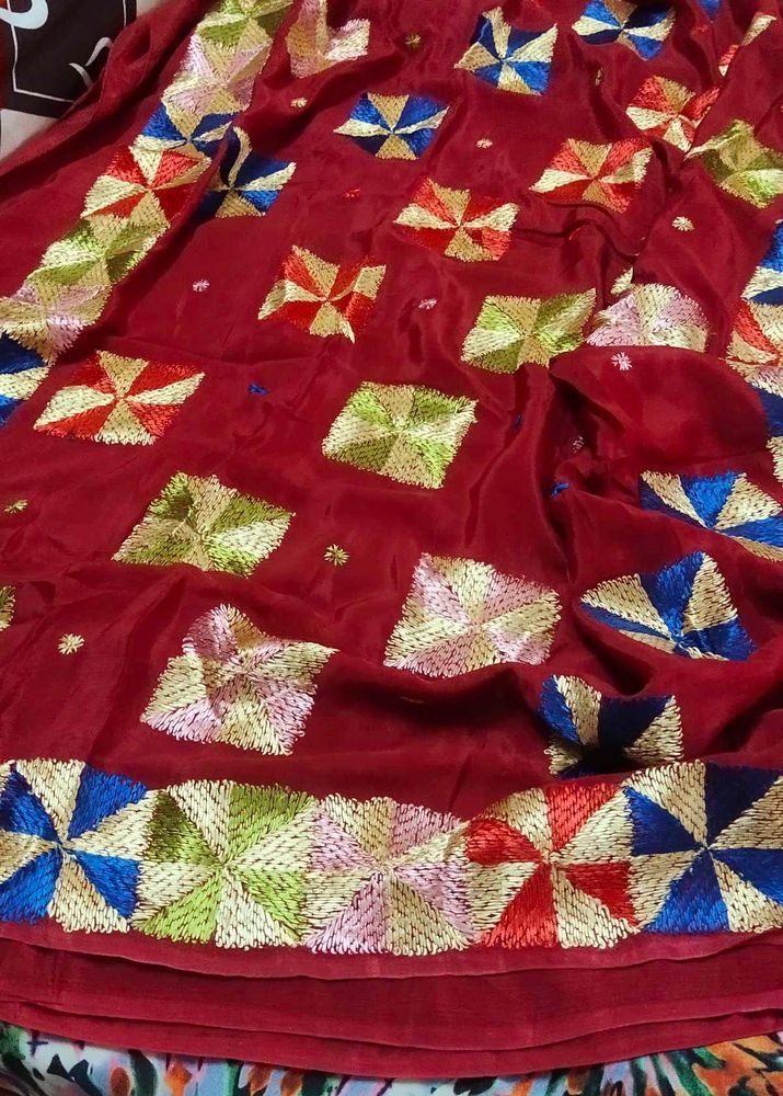 fulkari Embroidered Maroon crepe chiffonSaree
