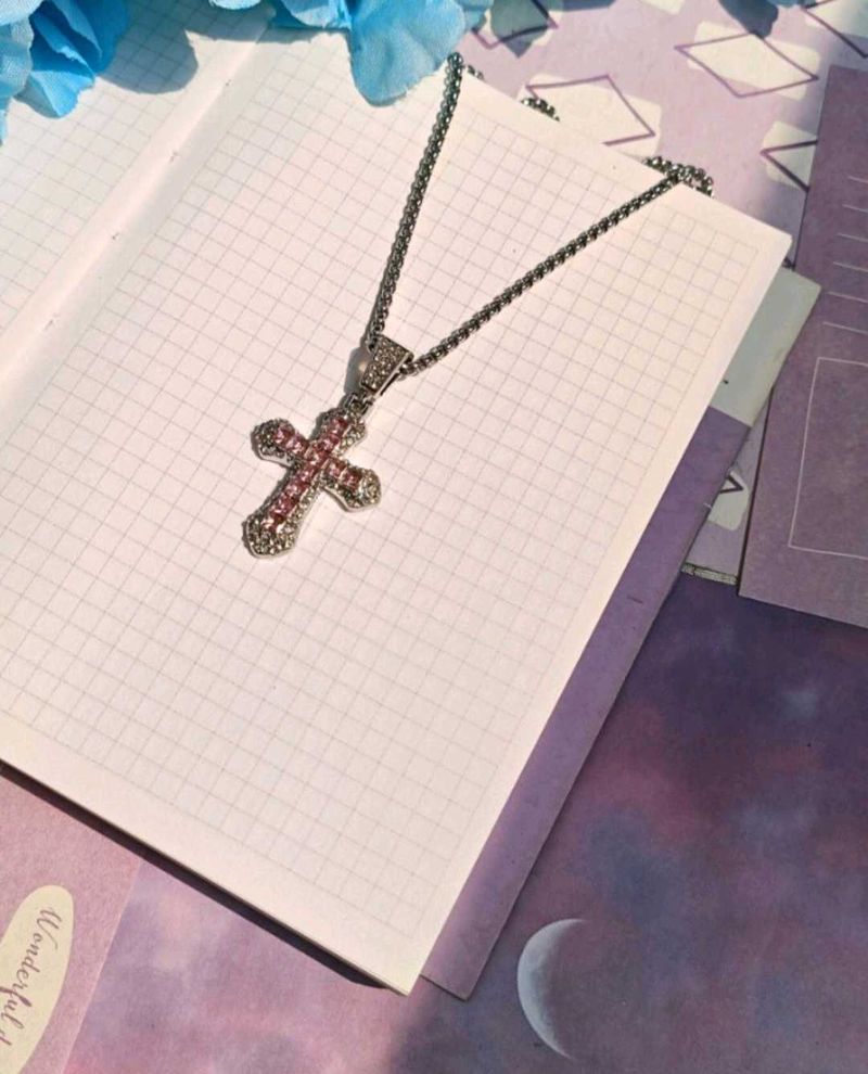 Sparkling Pink Cross Necklace 🌷