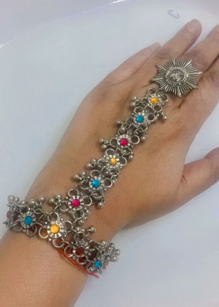 New Boho Silver Tone Bracelet with Ring