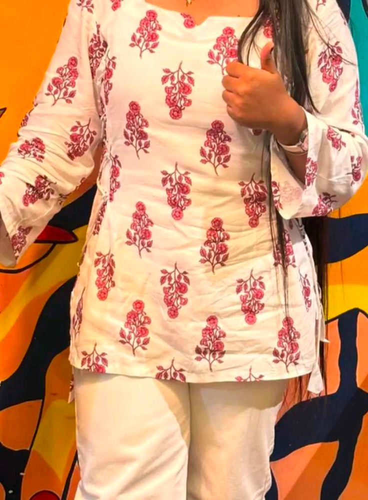 White Kurta with Pink Floral Print