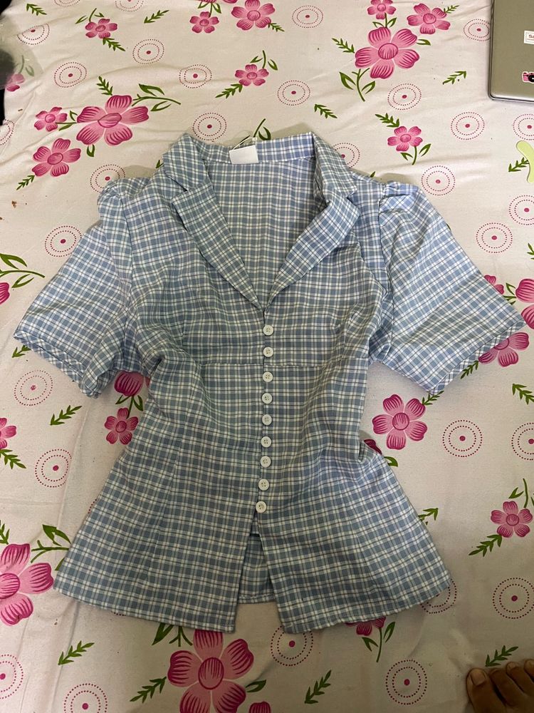 Blue Plaid Button-Up Top