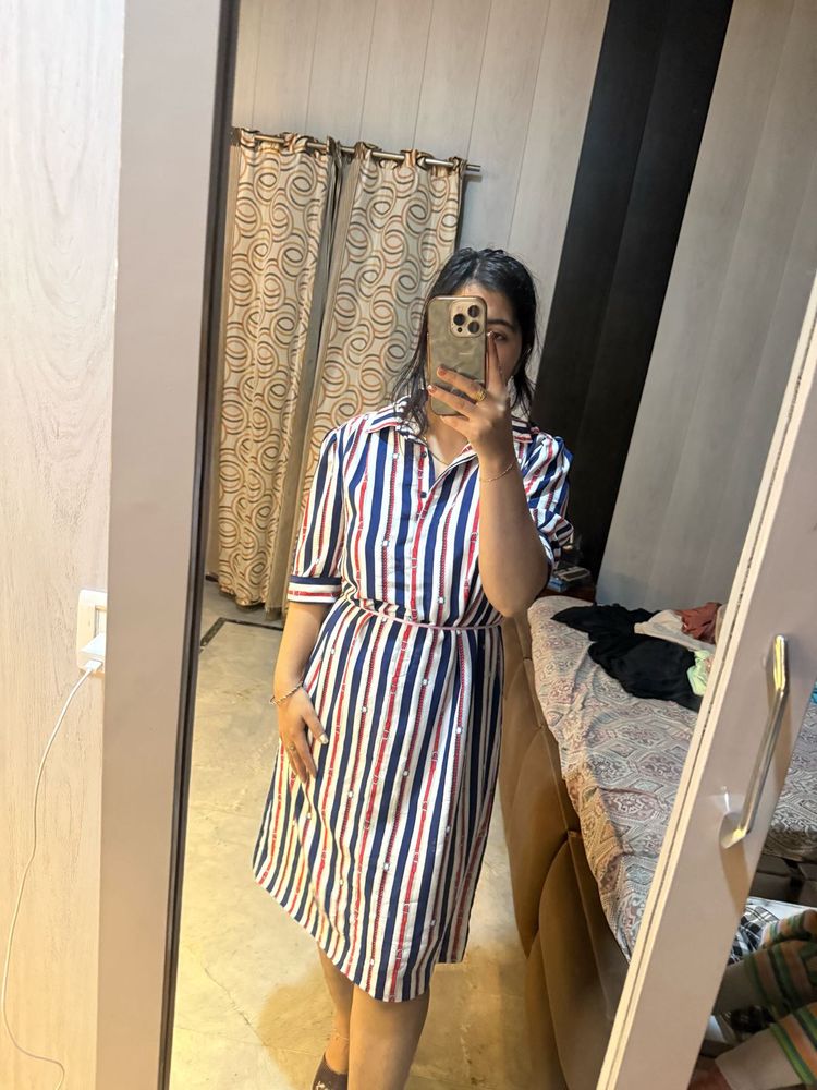 Striped Midi Shirt Dress with Pearls🦋