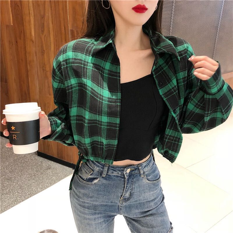 Green Plaid Cropped Shirt