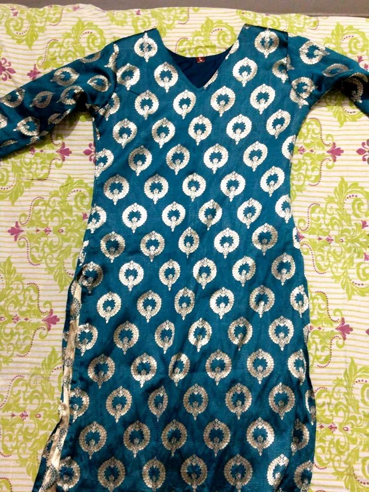 Teal Kurta with Silver Paisley Print