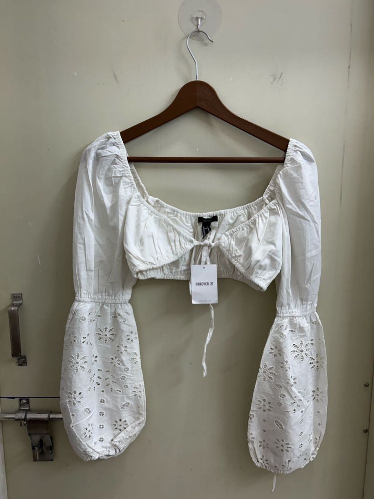 White Broderie Anglaise Tie-Front Crop Top