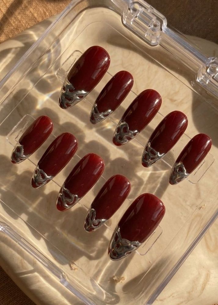 Deep Red Chrome Press On Nails