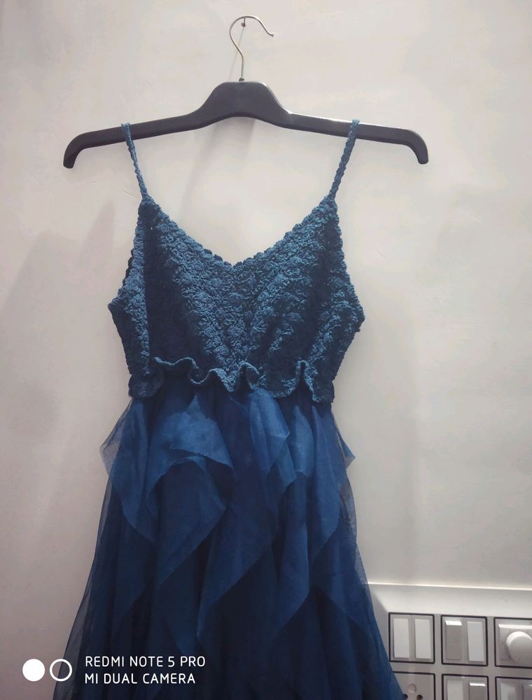 Blue Midi Hot Ruffle Dress For Womens