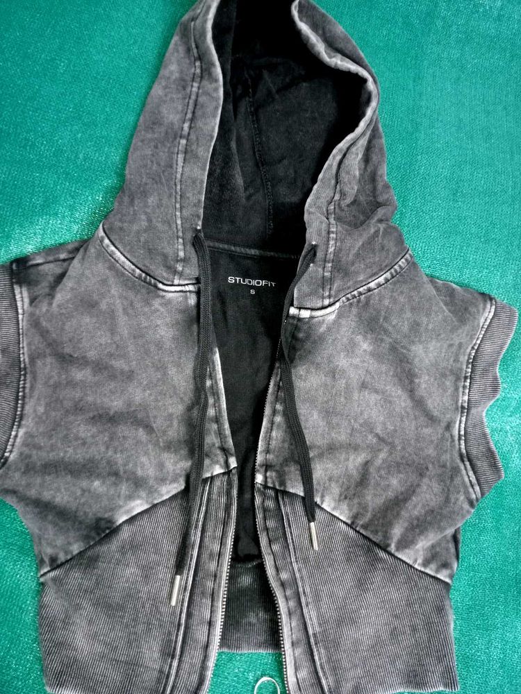 Gray Washed Cropped Zip-Up Hoodie