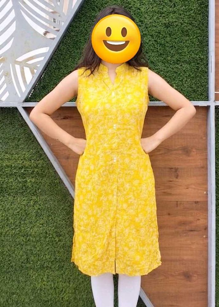 Vibrant Yellow Printed Sleeveless Kurta