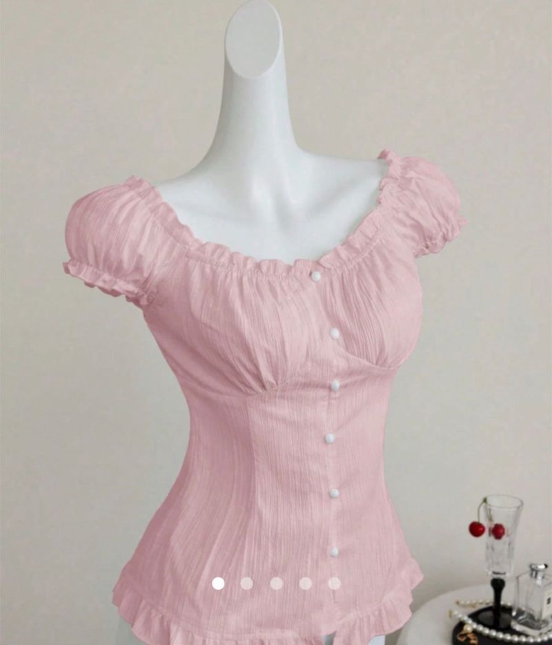 Pink Puff Sleeve Button-Up Top