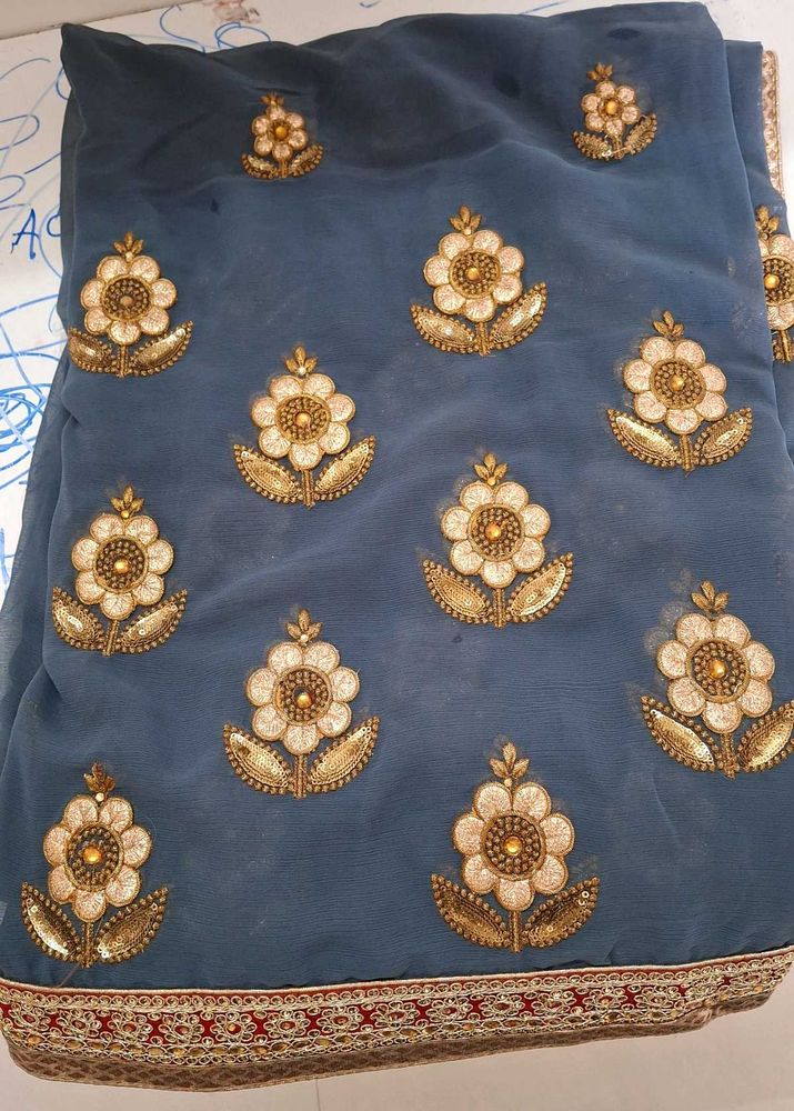 Elegant grey Floral Embroidered Saree