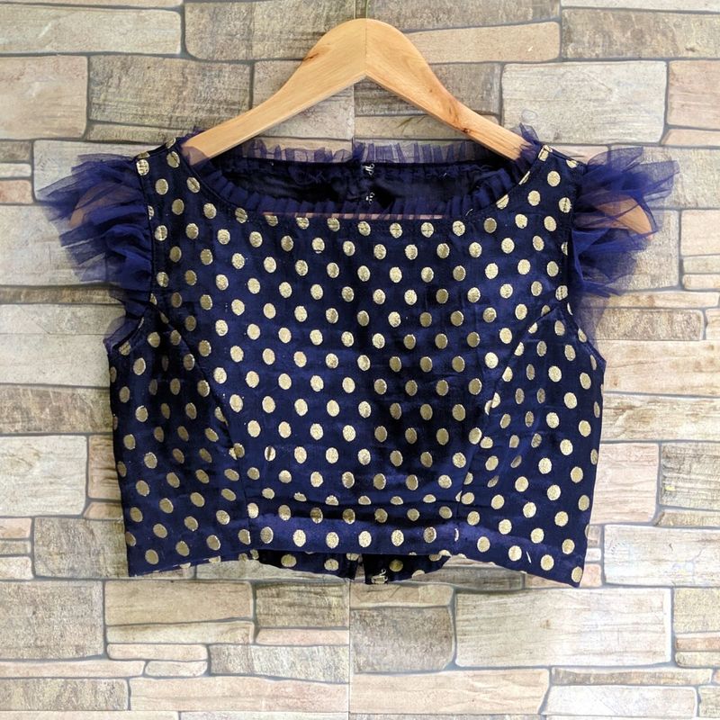 Navy Blue Polka Dot Blouse with Tulle Sleeves