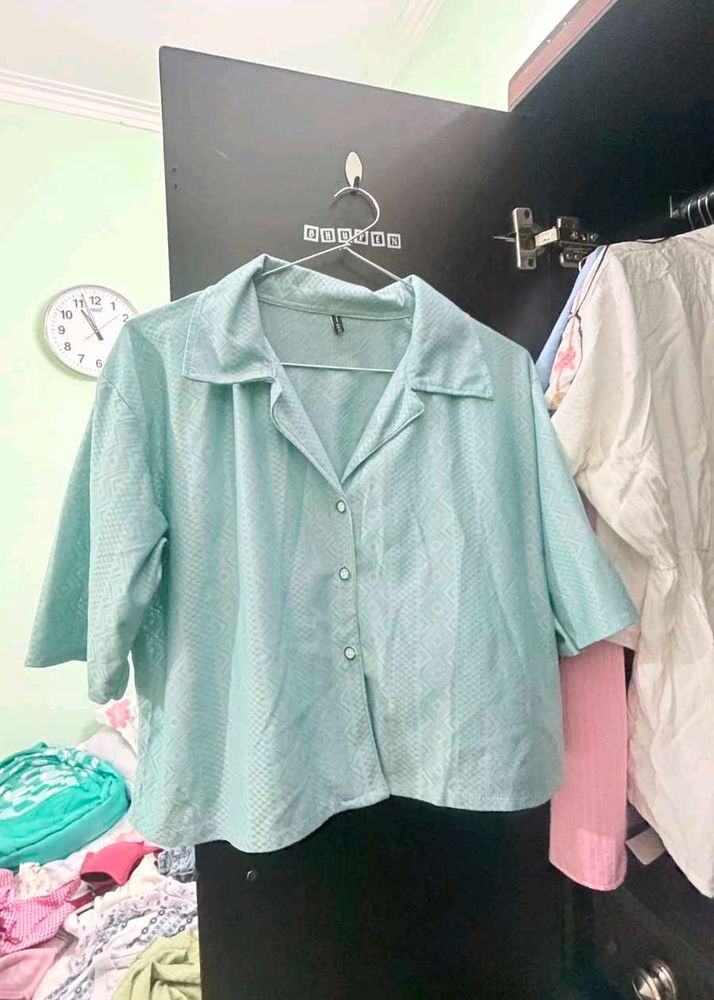 Light Blue Textured Button-Up Top