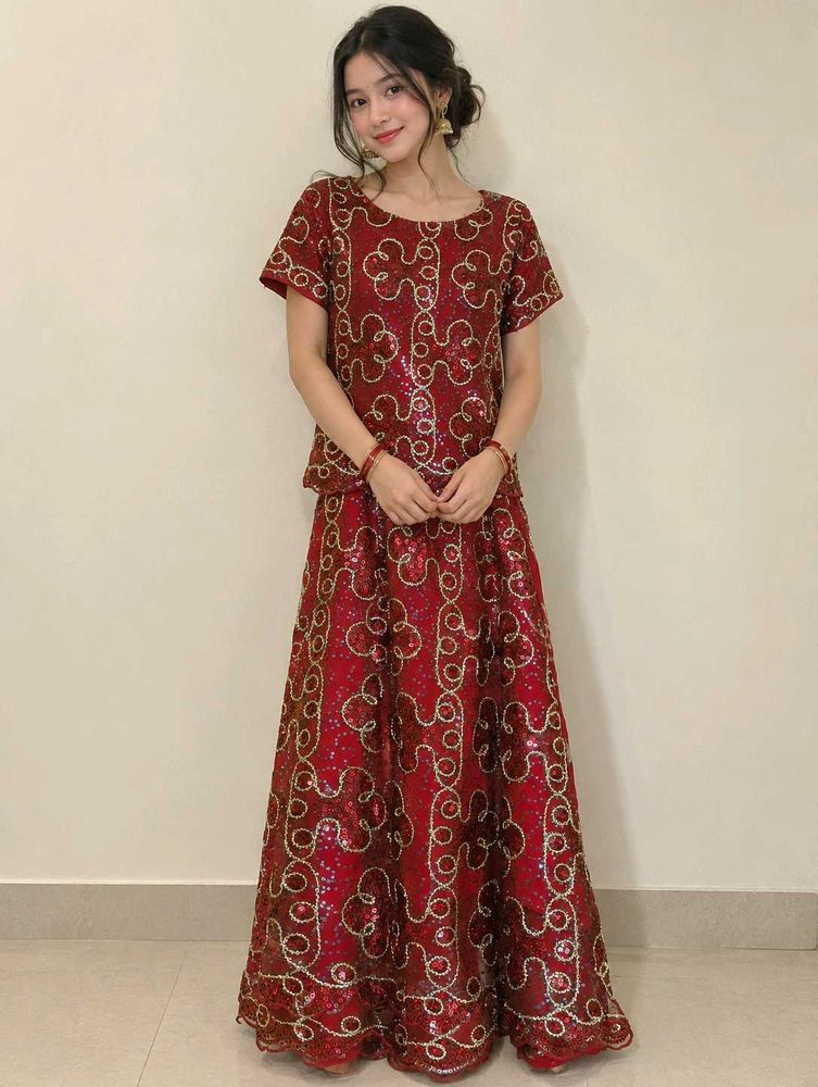 Stunning Red Sequined Lehenga Choli Set