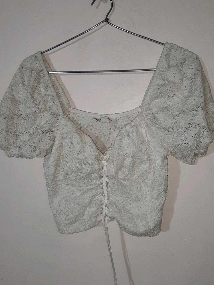 White Lace Puff Sleeve Top