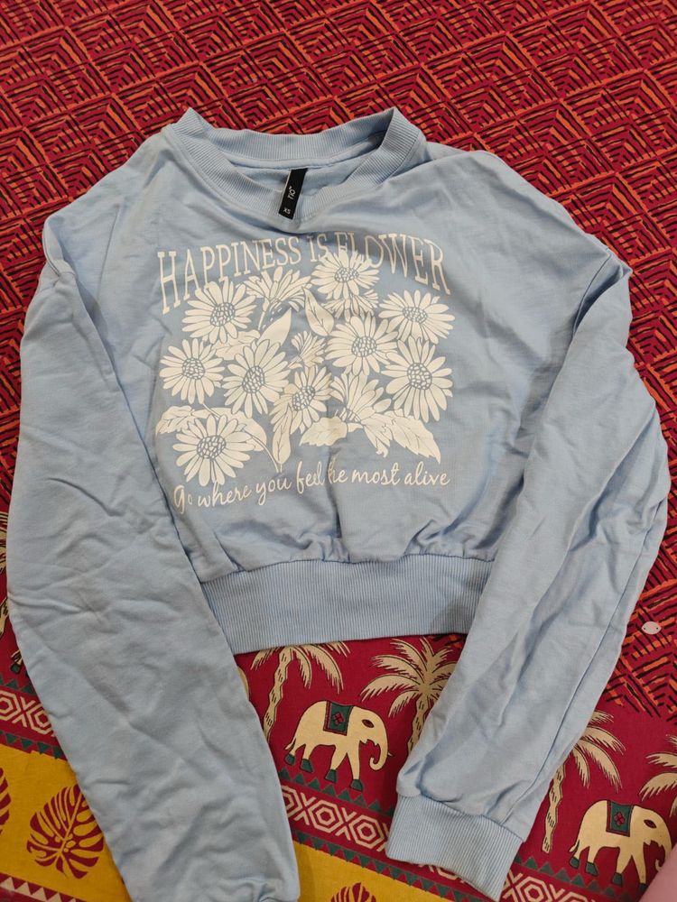 Blue "Happiness is Flower" Graphic Sweatshirt