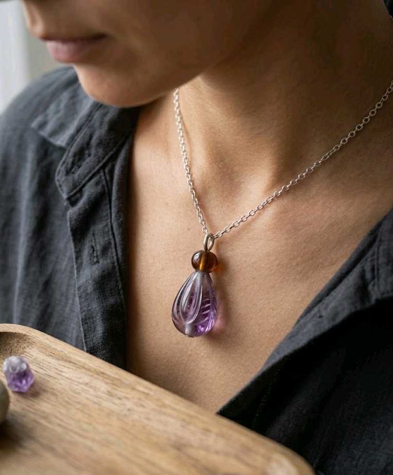 Amethyst &amp; Amber Pendant Necklace with Anti tarnis