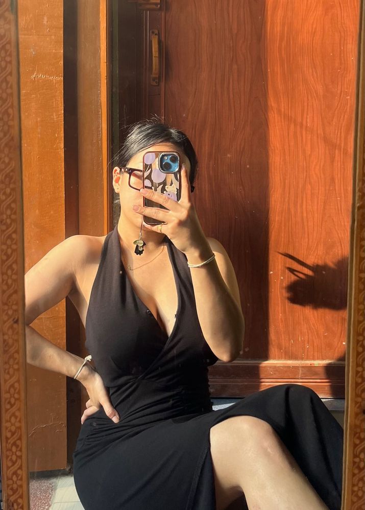 halter neck black gown