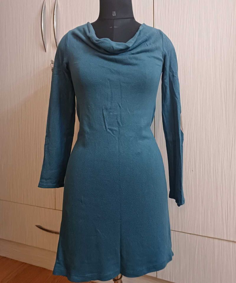 Teal Cowl Neck Long Sleeve Dress