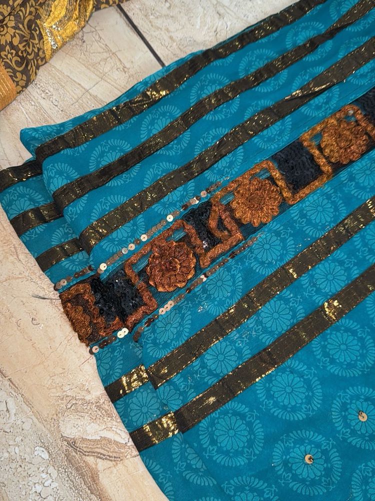 Beautiful Teal Saree with Gold &amp; Brown Embellishme
