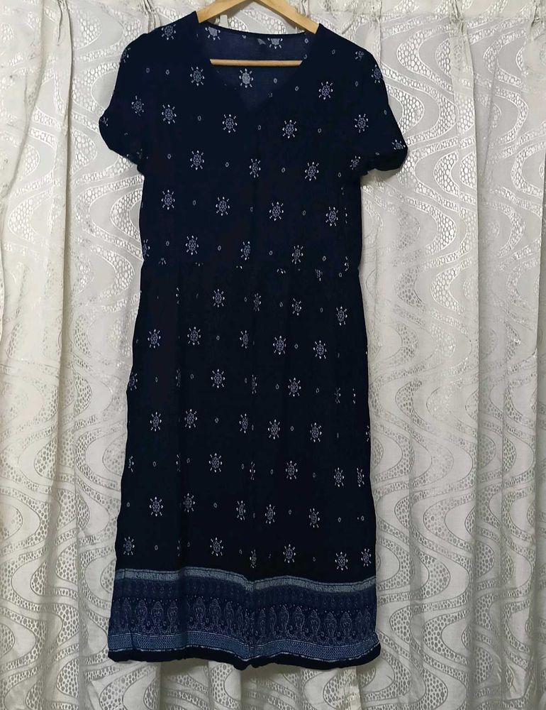 Chic Navy Blue Patterned Midi Dress
