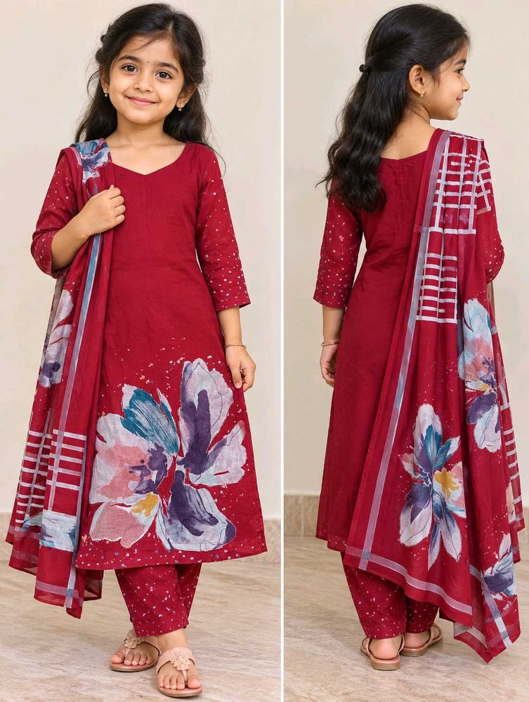 Girls' Red Kurta Set with Floral Print